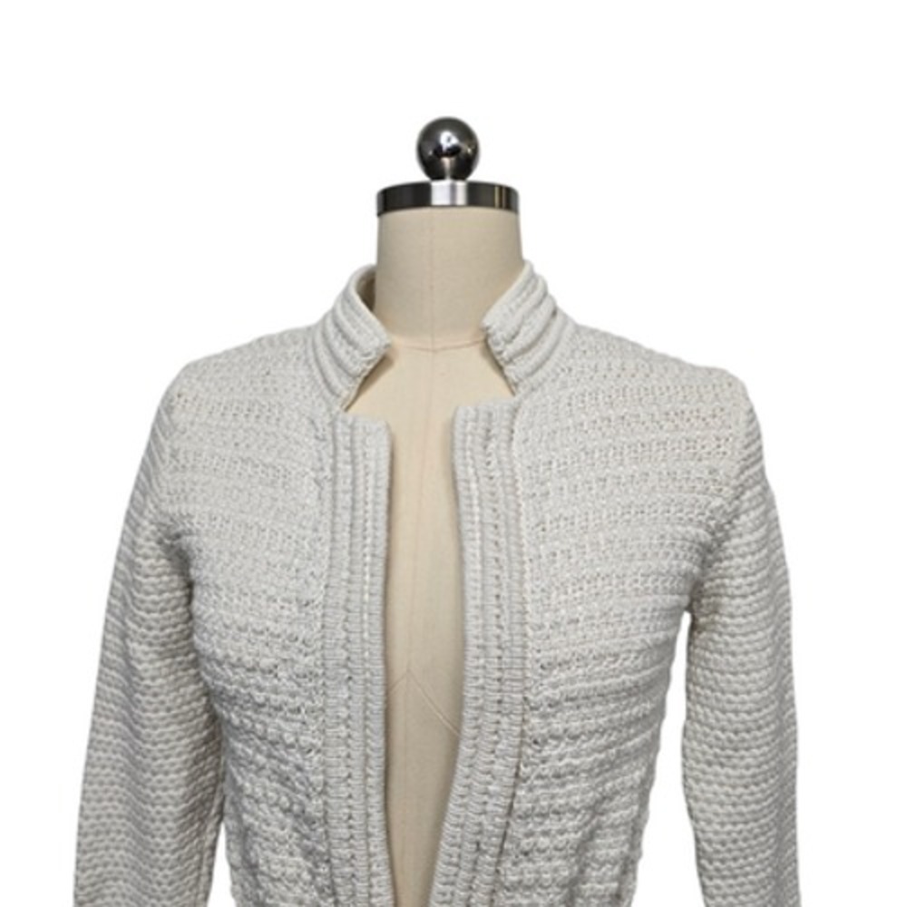 St. John Sweater Womens Petite Ivory Textured Knit Cardigan Tie Waist Open Front - Picture 9 of 12